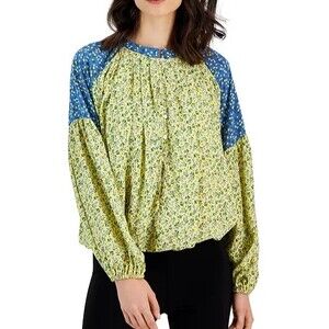 NWT Tahari Bubble Hem Button Blouse Yellow Blue Floral Patchwork Women's Size XL